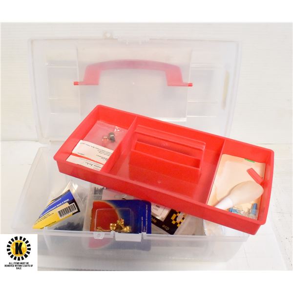 CLEAR TOOL BOX FILLED WITH ELECTRONIC PIECES