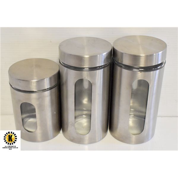 SET OF 3 STAINLESS STEEL AND GLASS CANISTERS