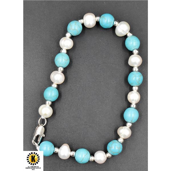 #19-NATURAL FRESH WATER PEARL ,TURQUOISE BRACELET