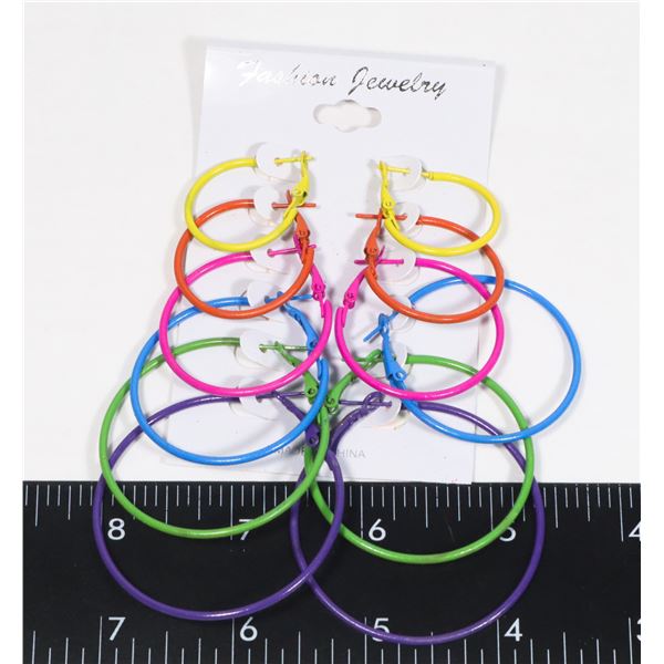 NEW 6PC MULTI-COLOR HOOP EARRINGS MULTIPLE SIZES