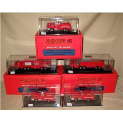 (5) Code 3 1/64th Scale NY City Fire Trucks & Shelf