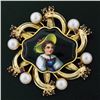 Image 1 : Vintage 14k Gold Hand Painted Portrait, Garnet, & Pearl Open Frame Brooch