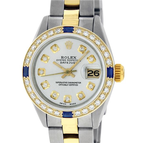 Rolex Ladies 2 Tone 18K Gold Bezel Silver Diamond & Sapphire Datejust Wristwatch