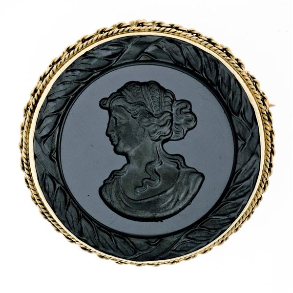 Vintage 14k Yellow Gold Carved Round Hematite Intaglio Brooch or Pendant