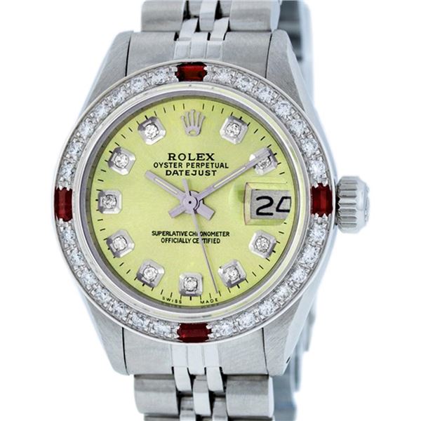 Rolex Ladies Stainless Steel Yellow Diamond & Ruby 26MM Wristwatch