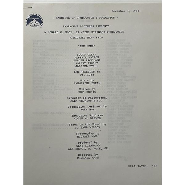 Paramount Pictures The Keep unsigned production info.