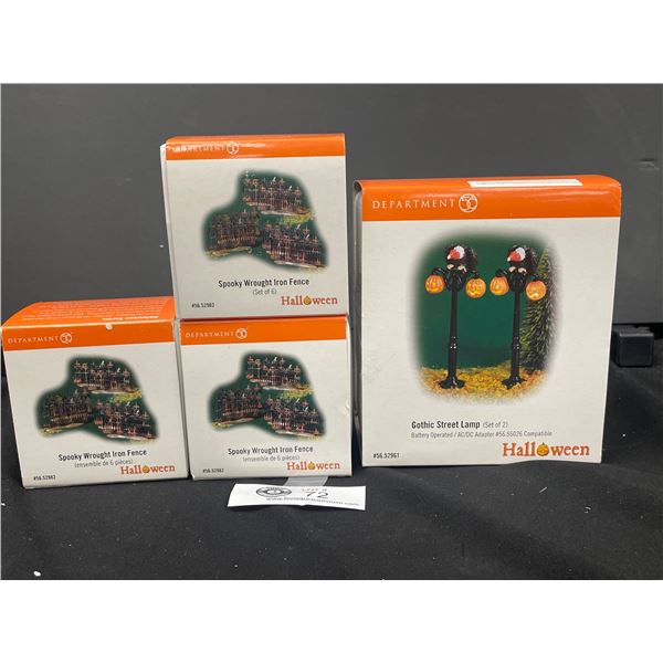 Department 56 Halloween Village 1 Box Gothic Street Lamp and 3 Boxes of Spooky Wrought Iron Fence