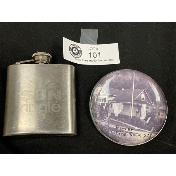 Stainless Steel 3oz Flask Plus Vintage Glass Paper Weight Elm Street White Rock BC