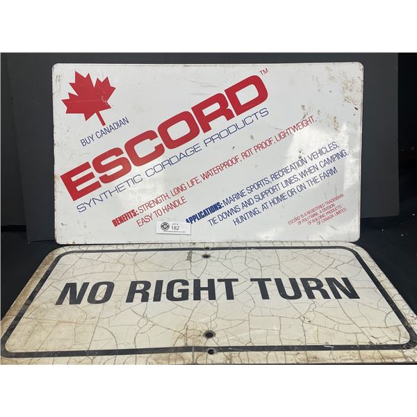 Lot of 2 Metal Signs. No Right Turn and Escord.