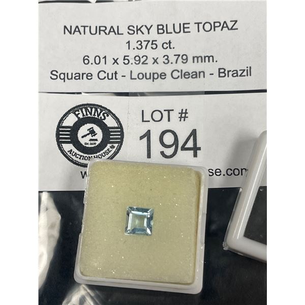 Natural Sky Blue Topaz 1.375 ct 6.01 x 5.92 x 3.79mm Square Cut- Loupe Clean- Brazil