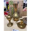 Image 2 : Lot of Miscellaneous Brass and Silver Plate. Tray, Coffee Pot,Vase,Candle Stick Etc