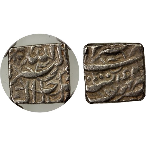 MUGHAL: Akbar I, 1556-1605, AR square rupee (11.41g), Tatta, Ilahi 42, NGC graded VF30