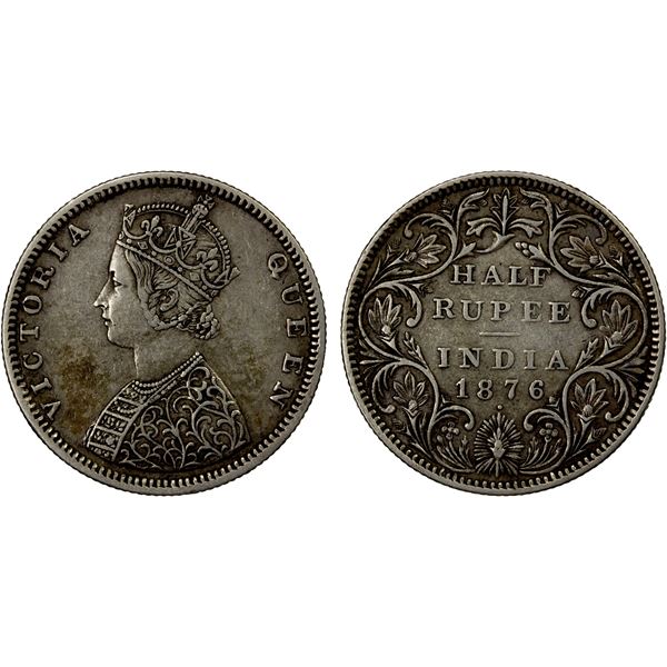 BRITISH INDIA: Victoria, Queen, 1837-1876, AR 1/2 rupee, 1876(b), VF