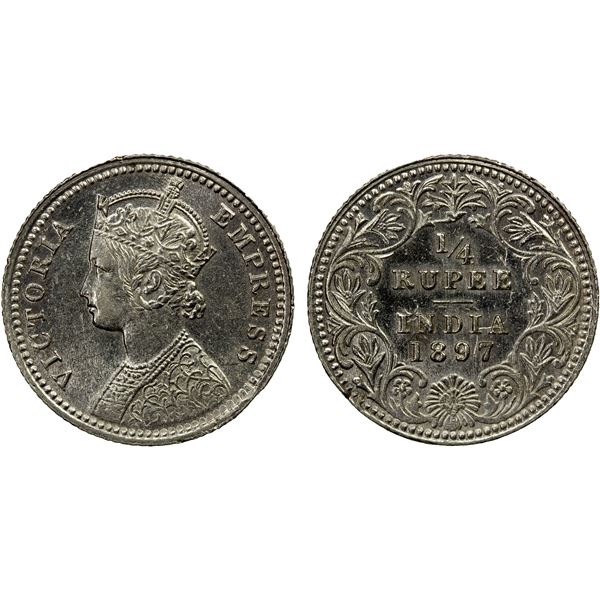 BRITISH INDIA: Victoria, Empress, 1876-1901, AR 1/4 rupee, 1897-C, AU