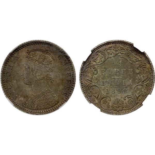 BRITISH INDIA: Victoria, Empress, 1876-1901, AR 1/4 rupee, 1898-B, NGC graded MS64