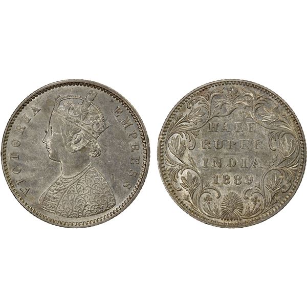 BRITISH INDIA: Victoria, Empress, 1876-1901, AR 1/2 rupee, 1889-B, choice EF