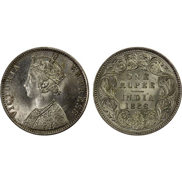 BRITISH INDIA: Victoria, Empress, 1876-1901, AR rupee, 1886-B, Almost Unc to Unc.