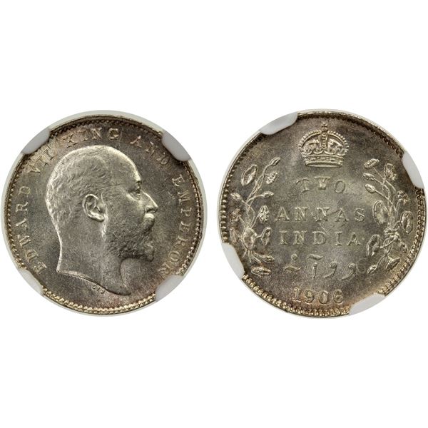 BRITISH INDIA: Edward VII, 1901-1910, AR 2 annas, 1906(c), NGC graded MS63