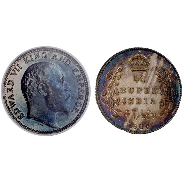 BRITISH INDIA: Edward VII, 1901-1910, AR 1/4 rupee, 1906(c), NGC graded Proof 66