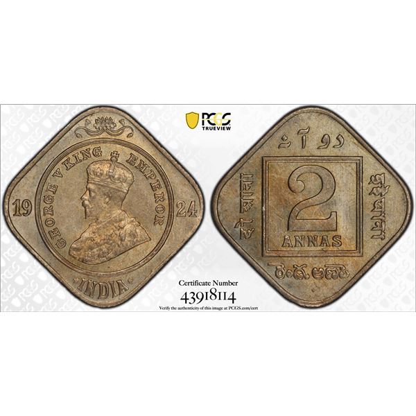 BRITISH INDIA: George V, 1910-1936, 2 annas, 1924(b), PCGS graded MS63