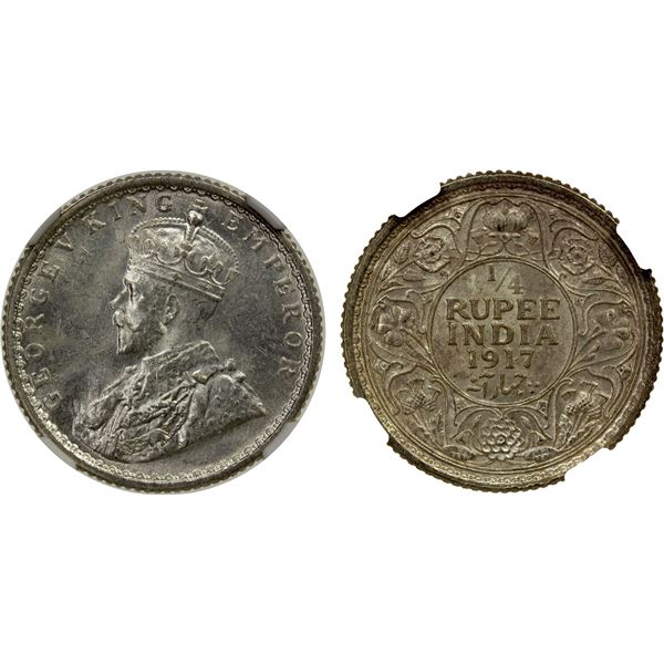BRITISH INDIA: George V, 1910-1936, AR 1/4 rupee, 1917(c), NGC graded MS63