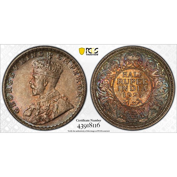 BRITISH INDIA: George V, 1910-1936, AR 1/2 rupee, 1925(b), PCGS graded MS64