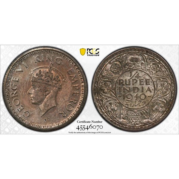 BRITISH INDIA: George VI, 1936-1947, AR 1/4 rupee, 1940(b), PCGS graded Proof 64