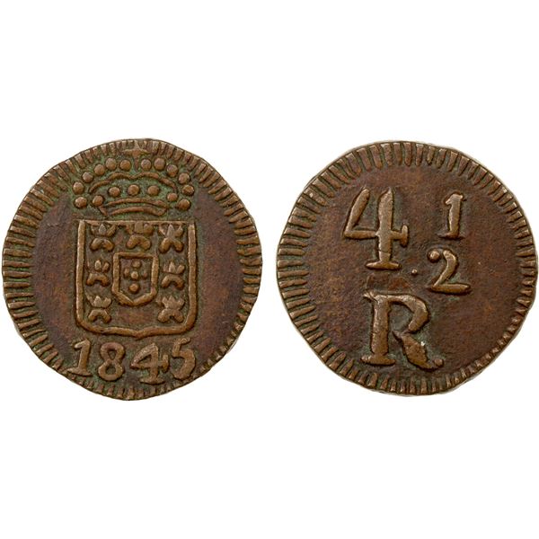 GOA: Maria II, 1834-1853, AE 41/2 reis (3.41g), 1845, EF