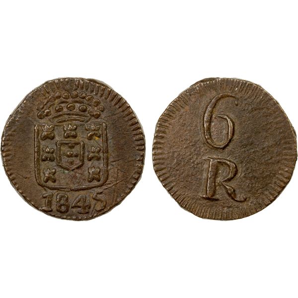 GOA: Maria II, 1834-1853, AE 6 reis (3.58g), 1845, lovely EF
