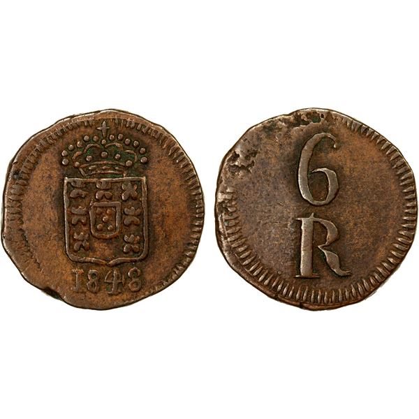 GOA: Maria II, 1834-1853, AE 6 reis (3.90g), 1848, VF-EF