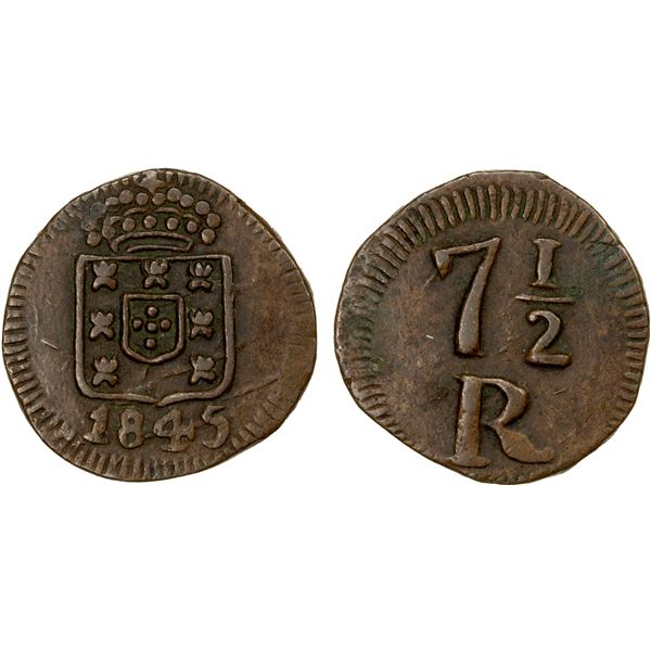 GOA: Maria II, 1834-1853, AE 71/2 reis (5.00g), 1845, EF