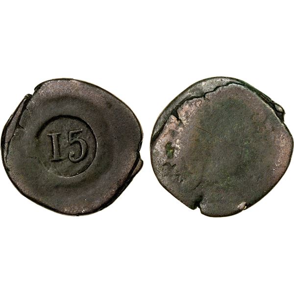 GOA: Maria II, 1834-1853, AE 15 reis (8.82g), ND, attractive VF