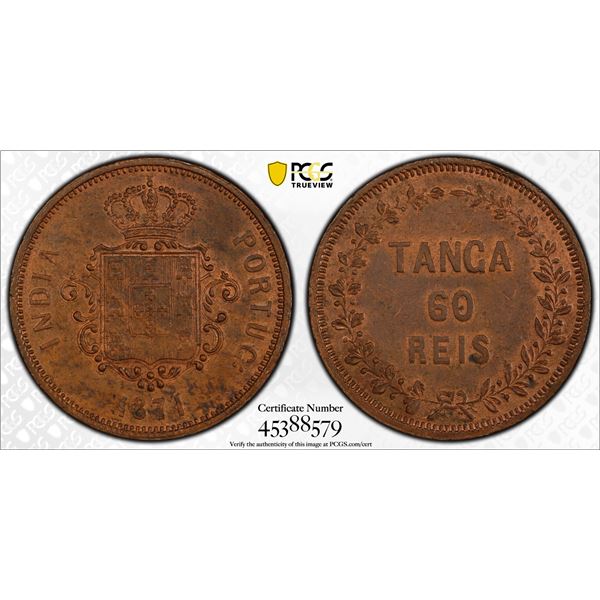 PORTUGUESE INDIA: Luiz I, 1861-1889, AE tanga, 1871, PCGS graded MS63 BN