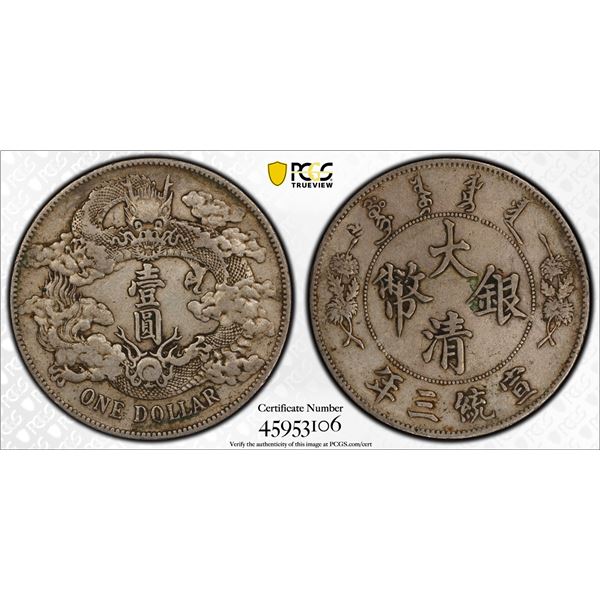 CHINA: Hsuan Tong, 1909-1911, AR dollar, year 3 (1911), PCGS graded XF Details