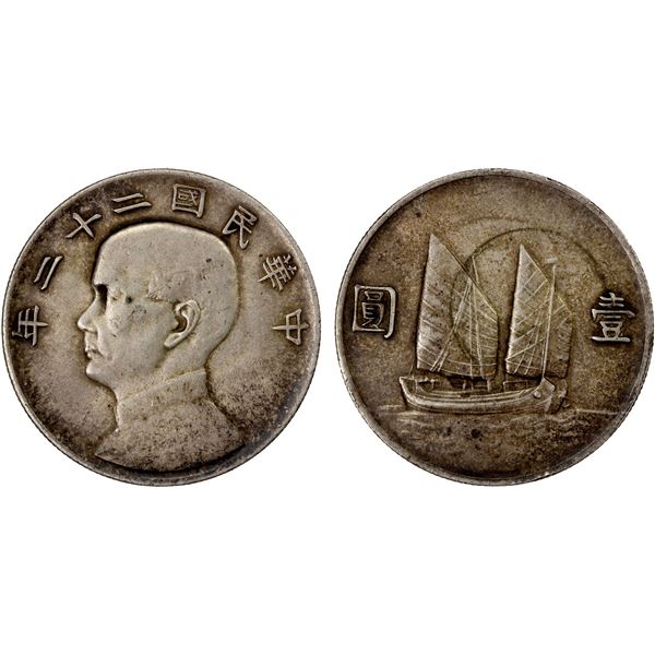 CHINA: Republic, AR dollar, year 22 (1922), EF-AU