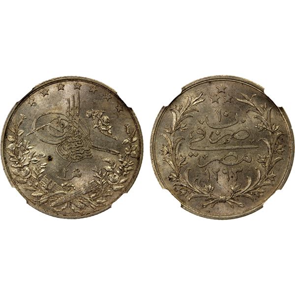 EGYPT: Abdul Hamid II, 1876-1909, AR 2 qirsh, Misr, AH1293 year 10, NGC graded MS63