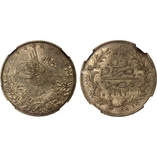 EGYPT: Abdul Hamid II, 1876-1909, AR 2 qirsh, Misr, AH1293 year 10, NGC graded MS63