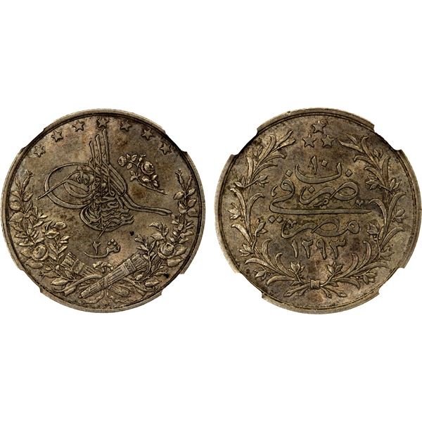 EGYPT: Abdul Hamid II, 1876-1909, AR 2 qirsh, Misr, AH1293 year 10, NGC graded MS62