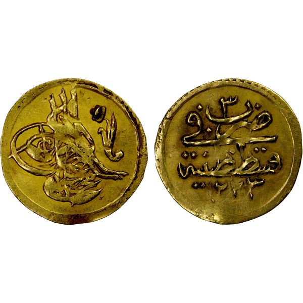 TURKEY: Mahmud II, 1808-1839, AV rubiye (0.68g), Kostantiniye, AH1223 year 3, VF-EF