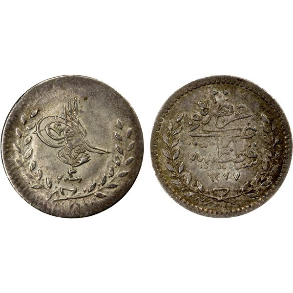 TURKEY: Abdul Aziz, 1861-1876, AR 20 para (2.00g), Kostantiniye, AH1277 year 3, Brilliant Unc