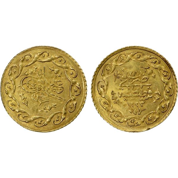 TURKEY: Abdul Hamid II, 1876-1909, AV mahmudiye (1.57g), Kostantiniye, AH1223 year 28, EF-AU