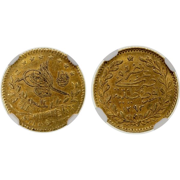 TURKEY: Abdul Hamid II, 1876-1909, AV 25 Kurush, Kostantiniye, AH1293 year 12, NGC graded AU58