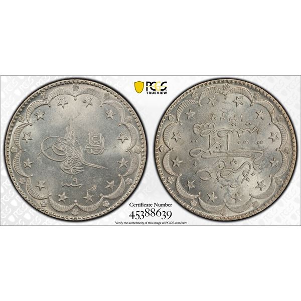 TURKEY: Mehmet V, 1909-1918, AR 20 kurush, Kostantiniye, AH1327 year 9, PCGS graded MS64