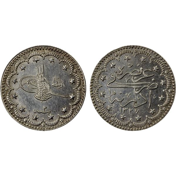 TURKEY: Mehmet V, 1909-1918, AR 5 kurush, Edirne, AH1327 year 2, lustrous Unc