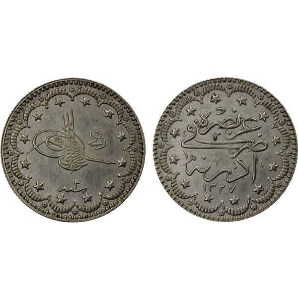 TURKEY: Mehmet V, 1909-1918, AR 5 kurush, Edirne, AH1327 year 2, Unc