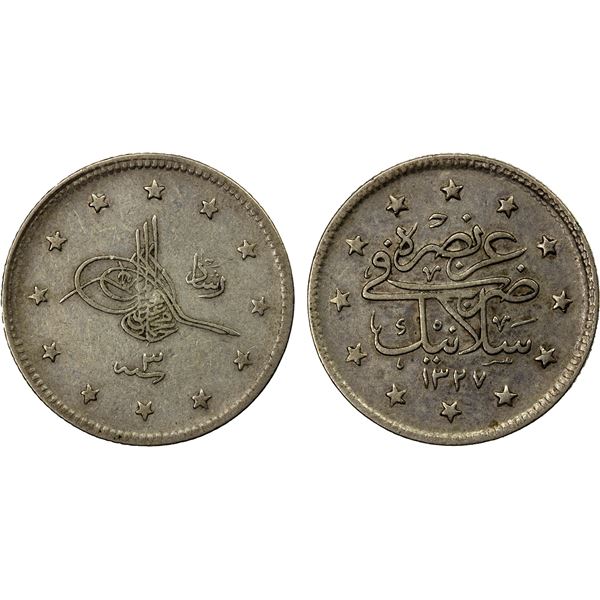 TURKEY: Mehmet V, 1909-1918, AR 2 kurush, Salanik, AH1327 year 3, VF-EF