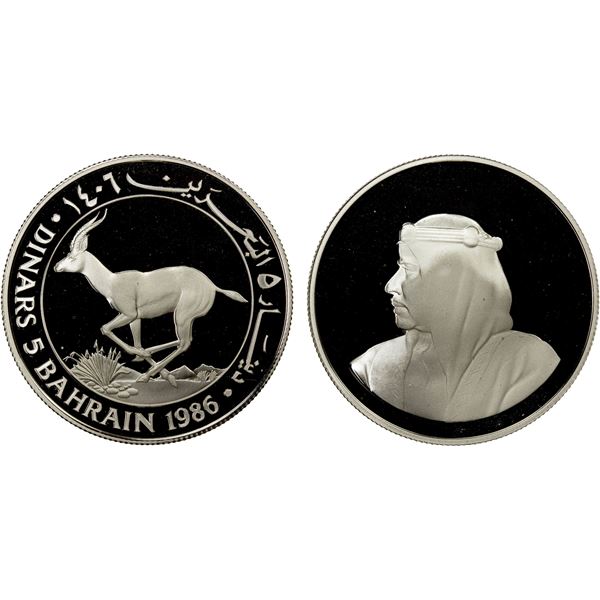 BAHRAIN: Isa Bin Salman, 1961-1999, AR 5 dinars, 1986/AH1406, Choice Proof