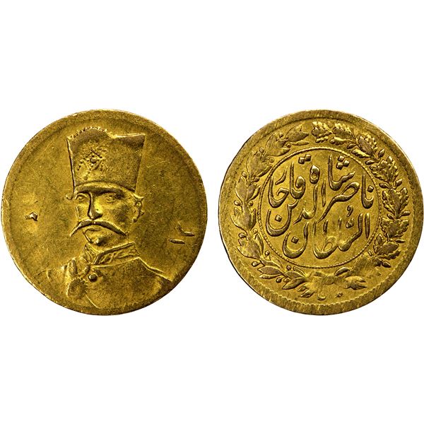 IRAN: Nasir al-Din Shah, 1848-1896, AV 5000 dinars (1.37g), Tehran, AH1312, EF