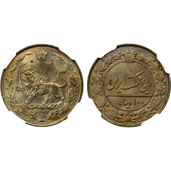IRAN: Muzaffar al-Din Shah, 1896-1907, 100 dinars, AH1337, NGC graded MS65