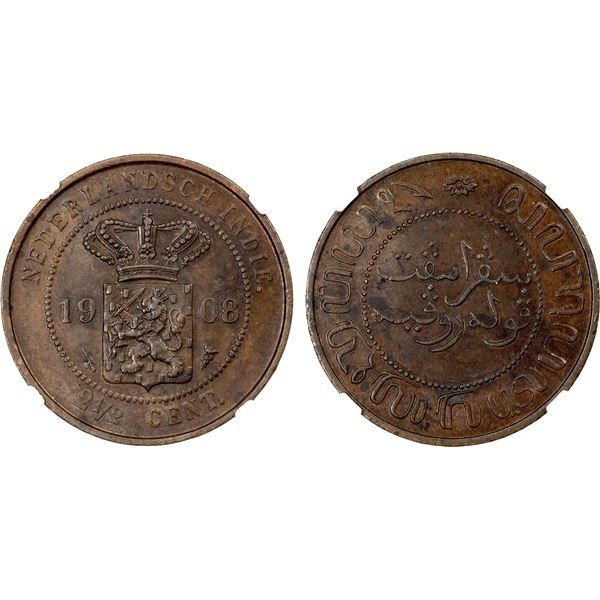 NETHERLANDS EAST INDIES: Wilhelmina, 1890-1945, AE 21/2 cents, 1908, NGC graded MS62 BN